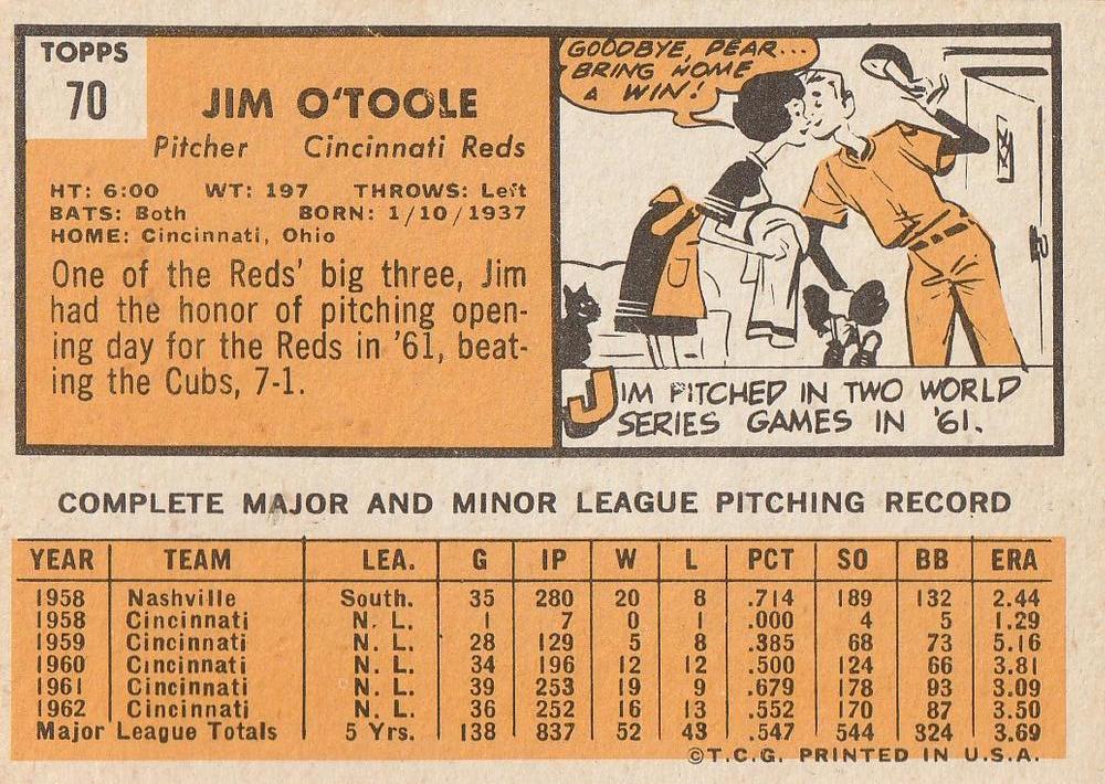 Jim O’Toole  baseball card collectible - Main Image 2