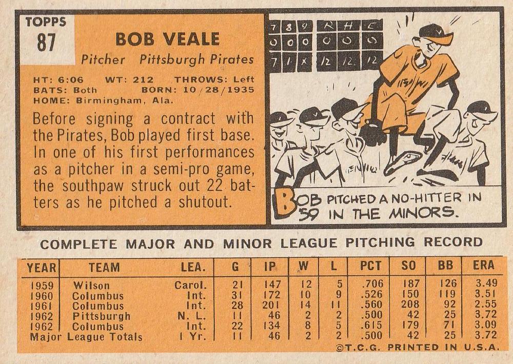 Bob Veale  baseball card collectible - Main Image 2