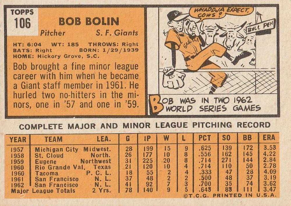 Bob Bolin  baseball card collectible - Main Image 2