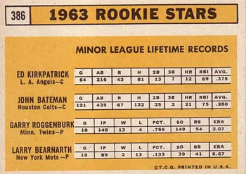 1963 Rookie Stars (Ed Kirkpatrick / John Bateman / Garry Roggenburk / Larry Bearnarth)  baseball card collectible - Main Image 2