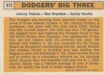Dodgers’ Big Three (Don Drysdale / Sandy Koufax / Johnny Podres)  baseball card collectible - Main Image 2