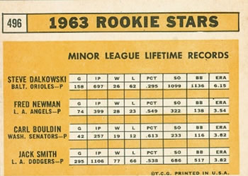 1963 Rookie Stars (Steve Dalkowski / Fred Newman / Carl Bouldin / Jack Smith)  baseball card collectible - Main Image 2