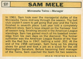 Sam Mele  baseball card collectible - Main Image 2