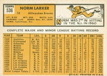Norm Larker  baseball card collectible - Main Image 2