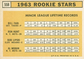 1963 Rookie Stars (Bill Faul / Ron Hunt / Bob Lipski / Al Moran)  baseball card collectible - Main Image 2