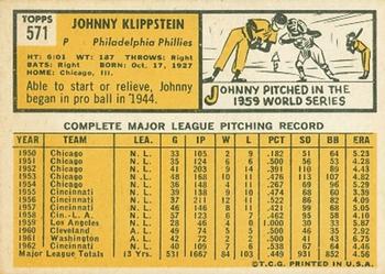 Johnny Klippstein  baseball card collectible - Main Image 2