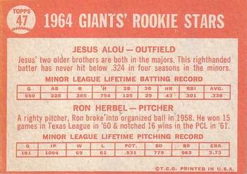 Giants 1964 Rookie Stars (Jesus Alou / Ron Herbel)  baseball card collectible - Main Image 2