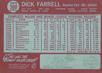 Dick Farrell  baseball card collectible - Main Image 2
