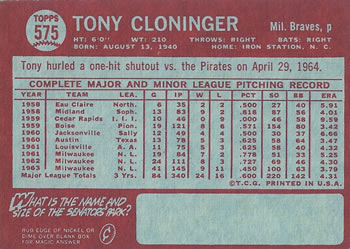 Tony Cloninger  baseball card collectible - Main Image 2