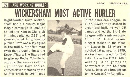 Dave Wickersham  baseball card collectible - Main Image 2