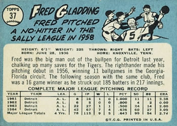 Fred Gladding  baseball card collectible - Main Image 2