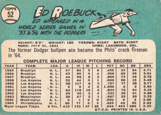 Ed Roebuck  baseball card collectible - Main Image 2