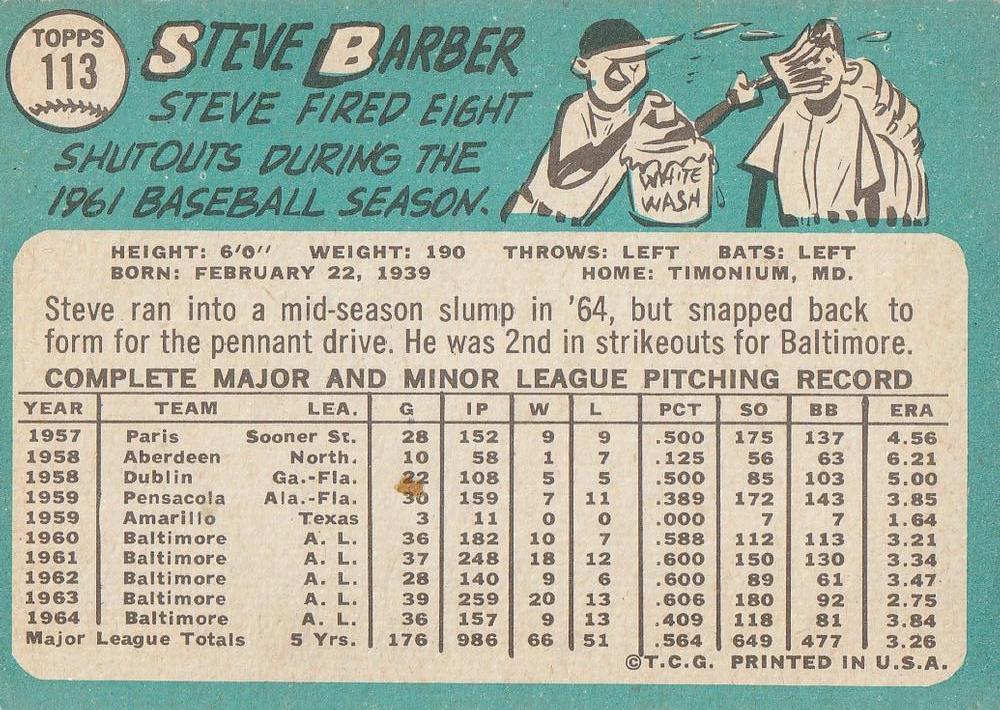 Steve Barber  baseball card collectible - Main Image 2