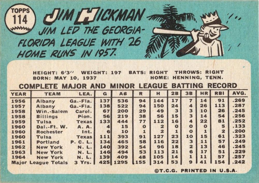 Jim Hickman  baseball card collectible - Main Image 2