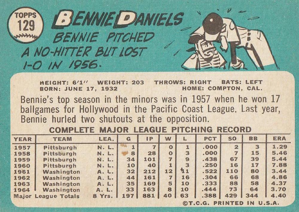Bennie Daniels  baseball card collectible - Main Image 2