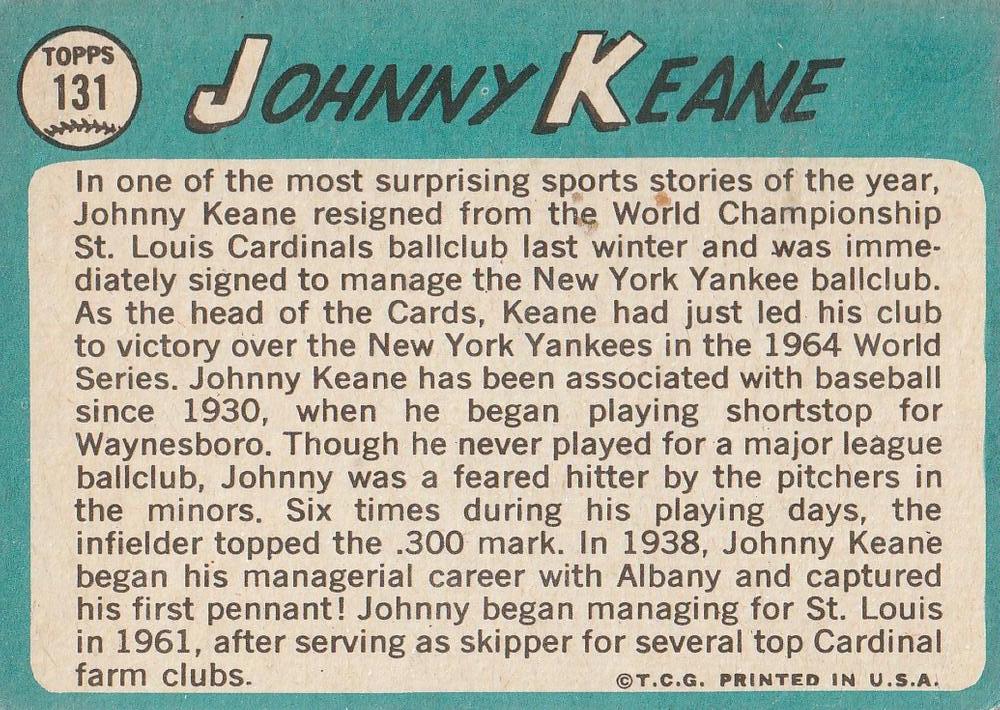 Johnny Keane  baseball card collectible - Main Image 2