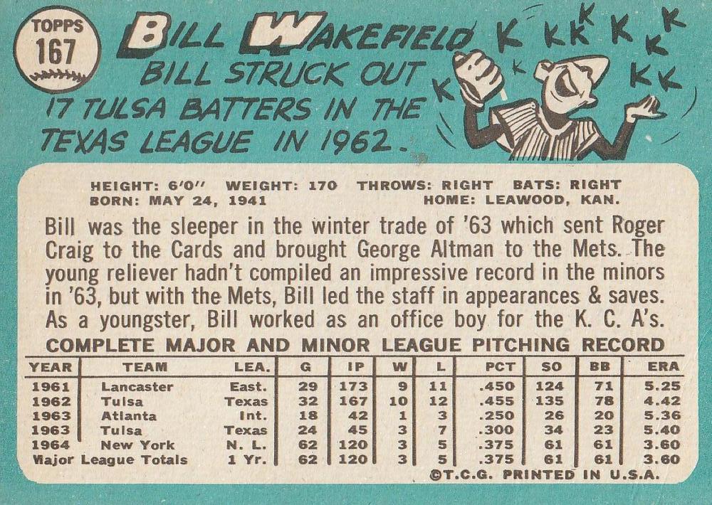 Bill Wakefield  baseball card collectible - Main Image 2