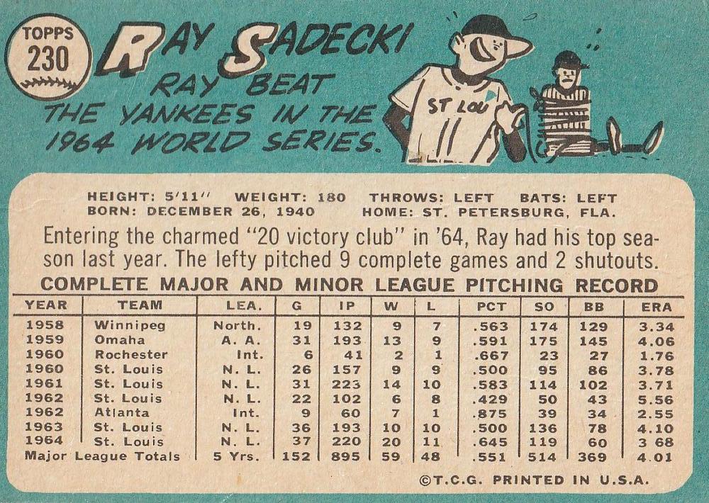 Ray Sadecki  baseball card collectible - Main Image 2
