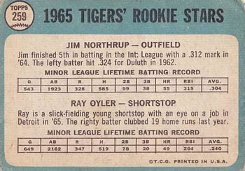 Tigers 1965 Rookie Stars (Jim Northrup / Ray Oyler)  baseball card collectible - Main Image 2