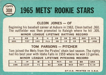 Mets 1965 Rookie Stars (Cleon Jones / Tom Parsons)  baseball card collectible - Main Image 2