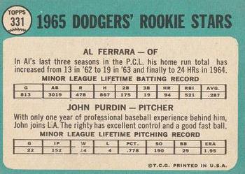 Dodgers 1965 Rookie Stars (Al Ferrara / John Purdin)  baseball card collectible - Main Image 2