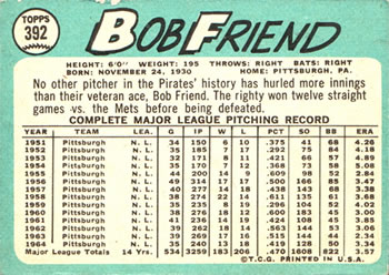 Bob Friend  baseball card collectible - Main Image 2