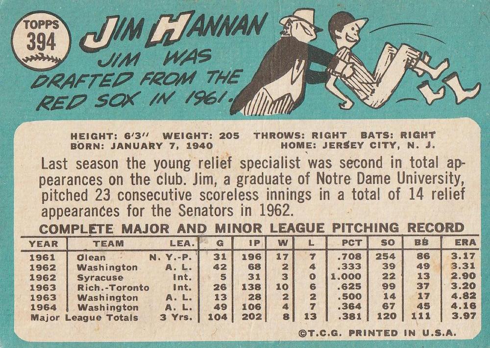 Jim Hannan  baseball card collectible - Main Image 2