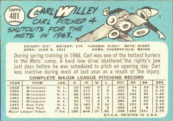 Carl Willey  baseball card collectible - Main Image 2
