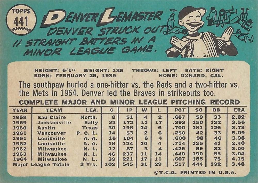 Denver Lemaster  baseball card collectible - Main Image 2