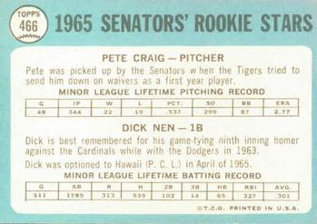 Senators 1965 Rookie Stars (Pete Craig / Dick Nen)  baseball card collectible - Main Image 2