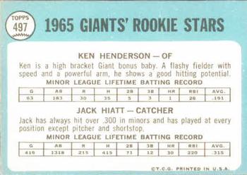 Giants 1965 Rookie Stars (Ken Henderson / Jack Hiatt)  baseball card collectible - Main Image 2