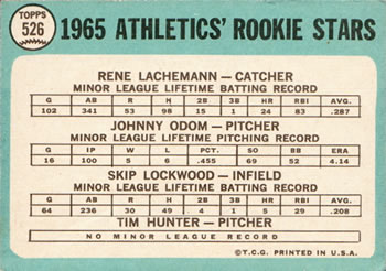 Athletics 1965 Rookie Stars (Rene Lachemann / Johnny Odom / Skip Lockwood / Jim Hunter)  baseball card collectible - Main Image 2