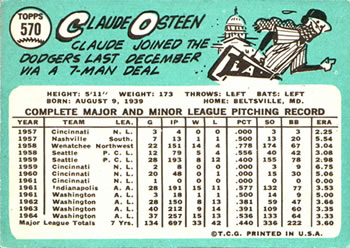 Claude Osteen  baseball card collectible - Main Image 2