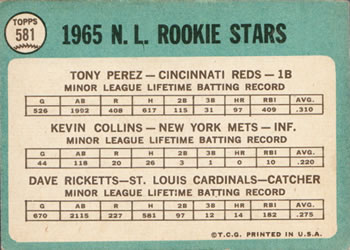 National League 1965 Rookie Stars (Tony Perez / Kevin Collins / Dave Ricketts)  baseball card collectible - Main Image 2