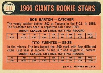 Giants 1966 Rookie Stars (Bob Barton / Tito Fuentes)  baseball card collectible - Main Image 2