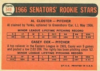 Senators 1966 Rookie Stars (Al Closter / Casey Cox)  baseball card collectible - Main Image 2
