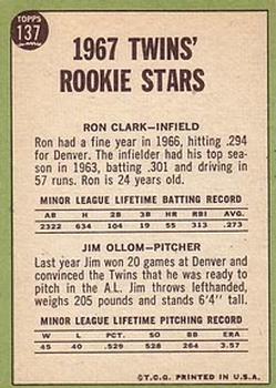 Twins 1967 Rookie Stars (Ron Clark / Jim Ollom)  baseball card collectible - Main Image 2