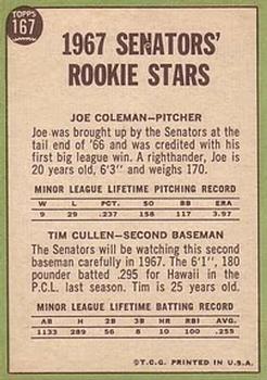 Senators 1967 Rookie Stars (Joe Coleman / Tim Cullen)  baseball card collectible - Main Image 2