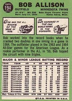 Bob Allison  baseball card collectible - Main Image 2