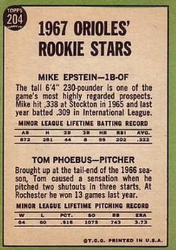 Orioles 1967 Rookie Stars (Mike Epstein / Tom Phoebus)  baseball card collectible - Main Image 2