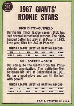Giants 1967 Rookie Stars (Dick Dietz / Bill Sorrell)  baseball card collectible - Main Image 2