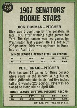 Senators 1967 Rookie Stars (Dick Bosman / Pete Craig)  baseball card collectible - Main Image 2