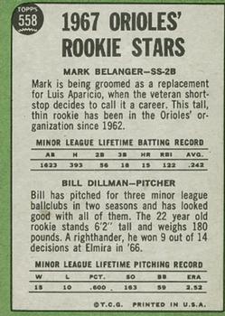 Orioles 1967 Rookie Stars (Mark Belanger / Bill Dillman)  baseball card collectible - Main Image 2