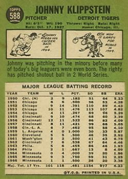 Johnny Klippstein  baseball card collectible - Main Image 2