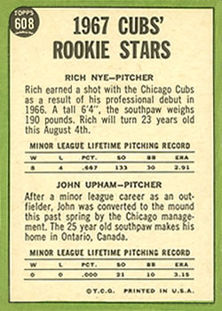 Cubs 1967 Rookie Stars (Rich Nye / John Upham)  baseball card collectible - Main Image 2