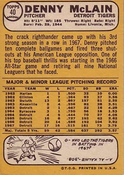 Denny McLain  baseball card collectible - Main Image 2