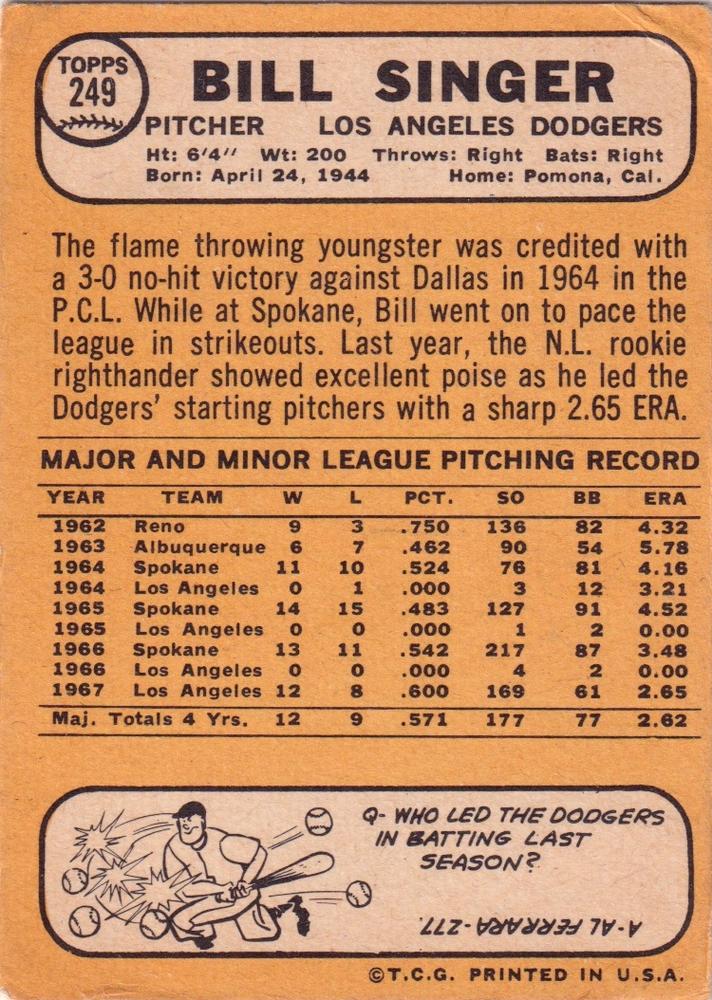 Bill Singer  baseball card collectible - Main Image 2