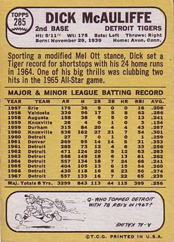 Dick McAuliffe  baseball card collectible - Main Image 2