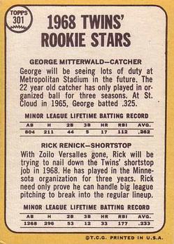 Twins 1968 Rookie Stars (George Mitterwald / Rick Renick)  baseball card collectible - Main Image 2