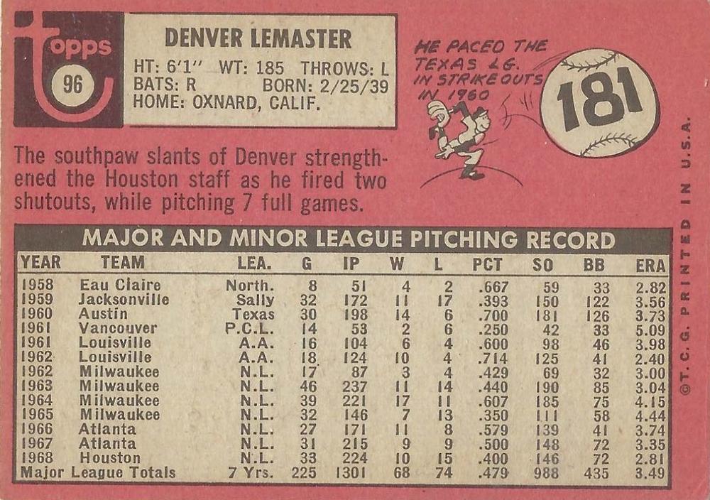 Denver Lemaster  baseball card collectible - Main Image 2
